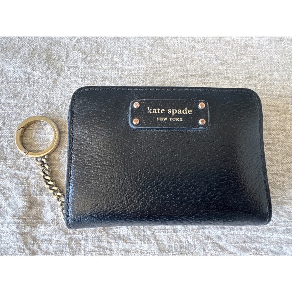 Kate Spade New York Black Pebbled Leather Zip Around Small Wallet Keychain Coin